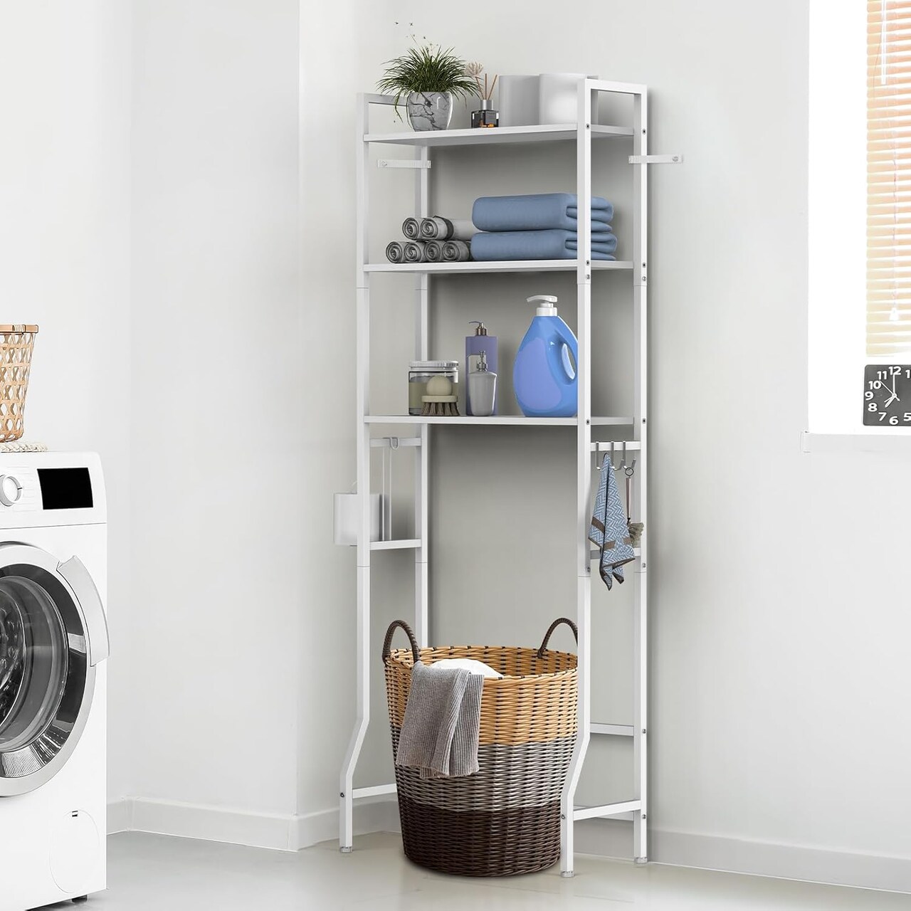 3-Tier Over-The-Toilet Storage Shelf with Adjustable Feet | Anti-Tip Bathroom Organizer | White Scandinavian-Style Space-Saving Shelf for Bathroom, Laundry Room